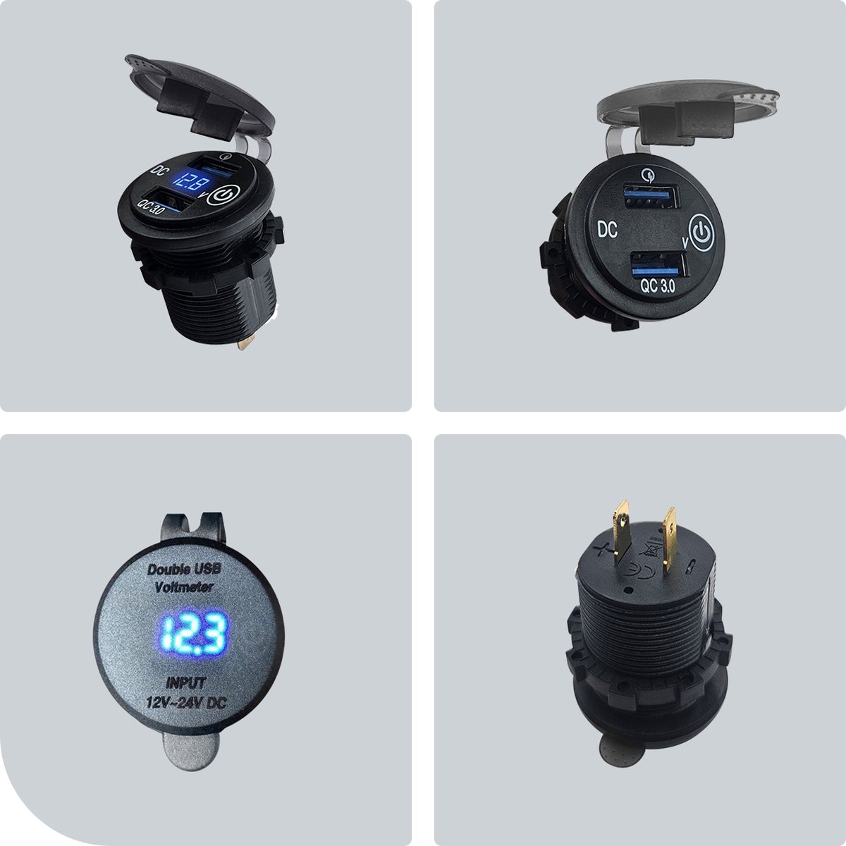 Double Chargeur USB/QC3.0 pour Moto et Voiture Étanche 12V/24V/36W Avec