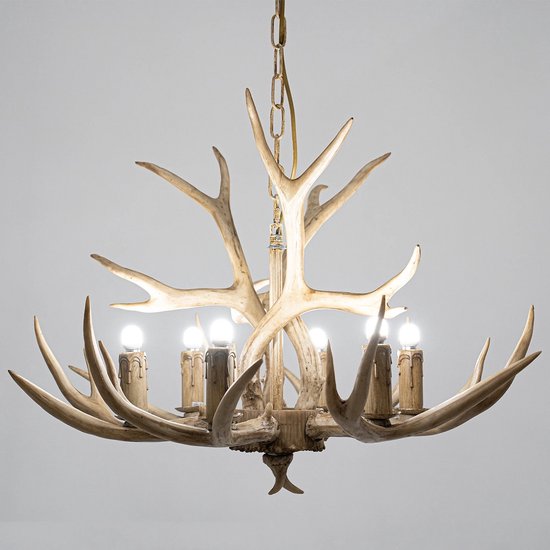 LuxiLamps - Lustre Vintage à 6 têtes - Lustre en bois - Or - Bois de cerf - Lampe suspendue - Lampe de salon