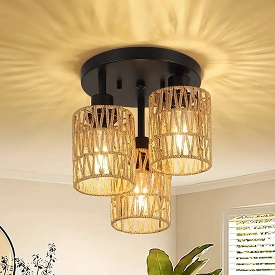LuxiLamps - Hennep Touw Plafondlamp - Rotan Vintage Lamp - E27 - Decoratieve Kunst Kroonluchter - Handgeweven - 25 cm