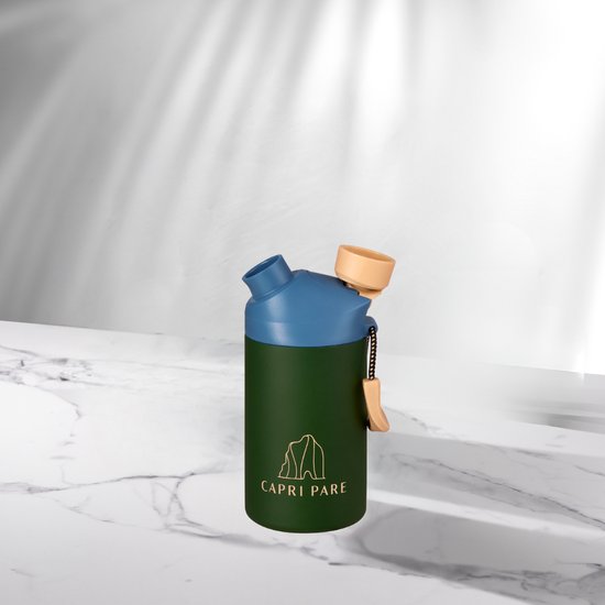 CAPRI PARE Waterfles - 350ml - RVS - Kinderfles - Groen/Blauw - Dubbelwandig - Lekvrij - Met magnetische dop - Waterfles met drinktuit + rietje – BPA-vrij – Waterfles voor kinderen - Insulated - Drinkflessen - Waterflessen - Geïsoleerd