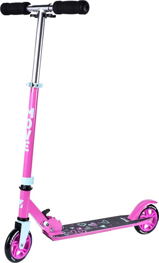 Roze opvouwbare step met hartjesprint en verstelbaar stuur.