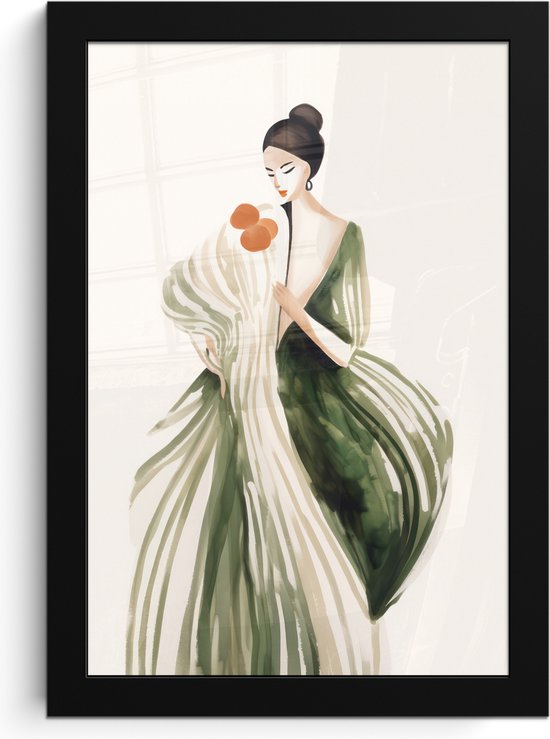 Aquarelle abstraite d'une femme dans une robe verte à volants, tenant un bouquet de fleurs.