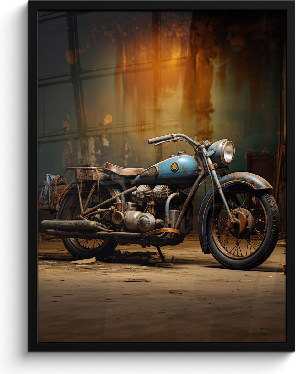FrameYourWall Poster in lijst - Fotolijst 60x80 cm - Posters - Vintage - Motor - Blauw - Oud - Garage - Posterlijst zwart - Decoratie - Wanddecoratie woonkamer - Muurdecoratie slaapkamer