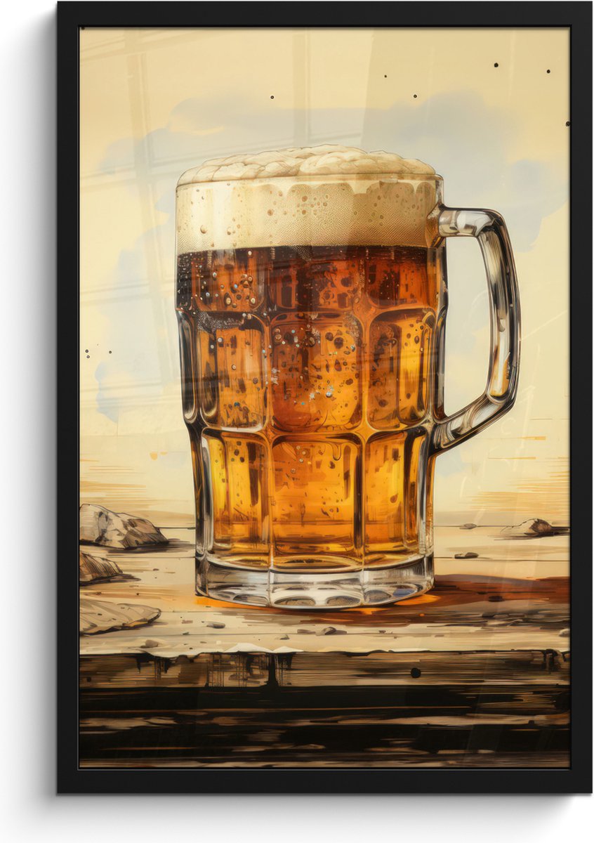 FrameYourWall Poster in lijst - Fotolijst 40x60 cm - Posters - Vintage - Bier - Pul - Hout - Tafel - Drinken - Posterlijst zwart - Decoratie - Wanddecoratie woonkamer - Muurdecoratie slaapkamer