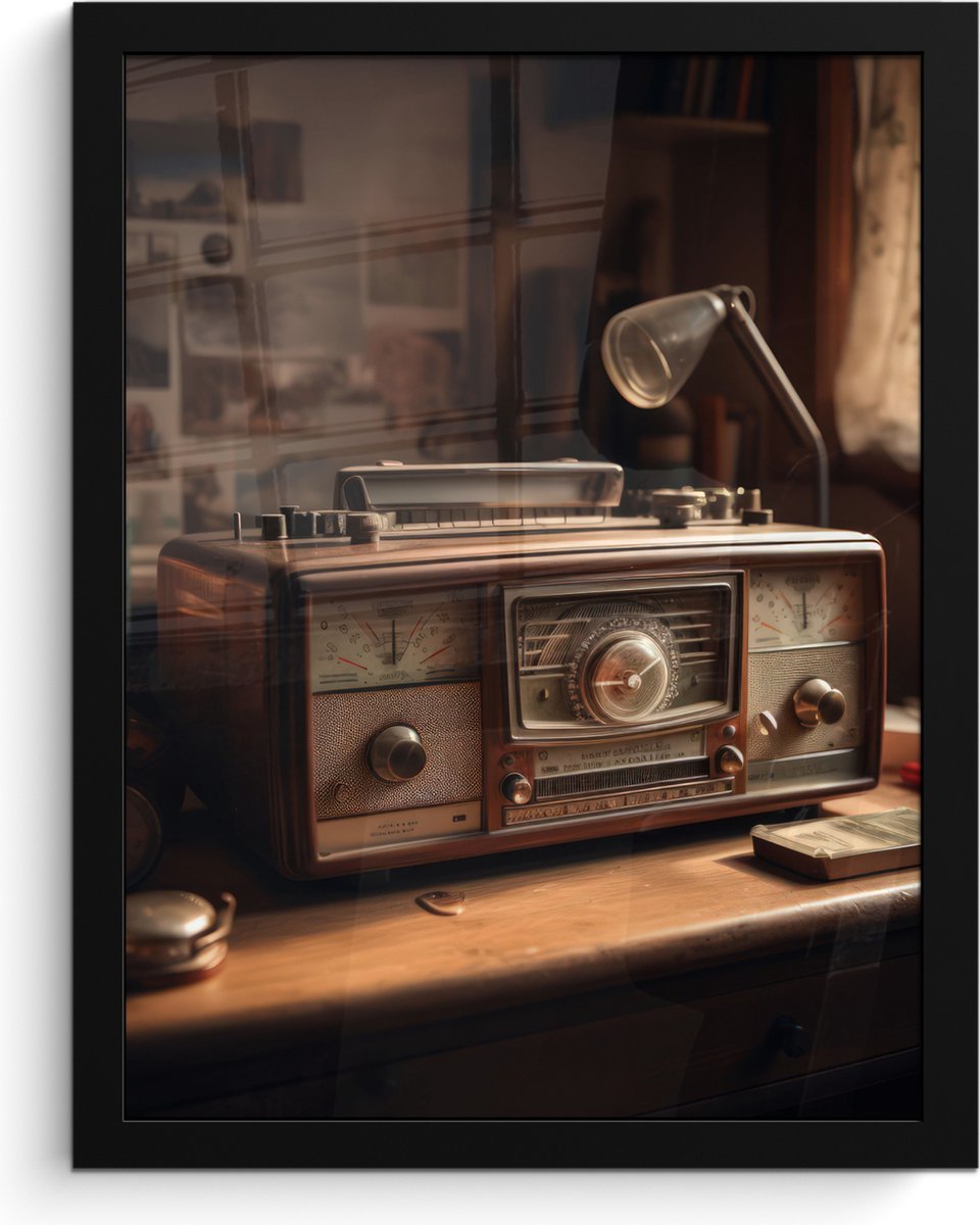 FrameYourWall Poster in lijst - Fotolijst 30x40 cm - Posters - Vintage - Radio - Oud - Bureau - Lamp - Posterlijst zwart - Decoratie - Wanddecoratie woonkamer - Muurdecoratie slaapkamer