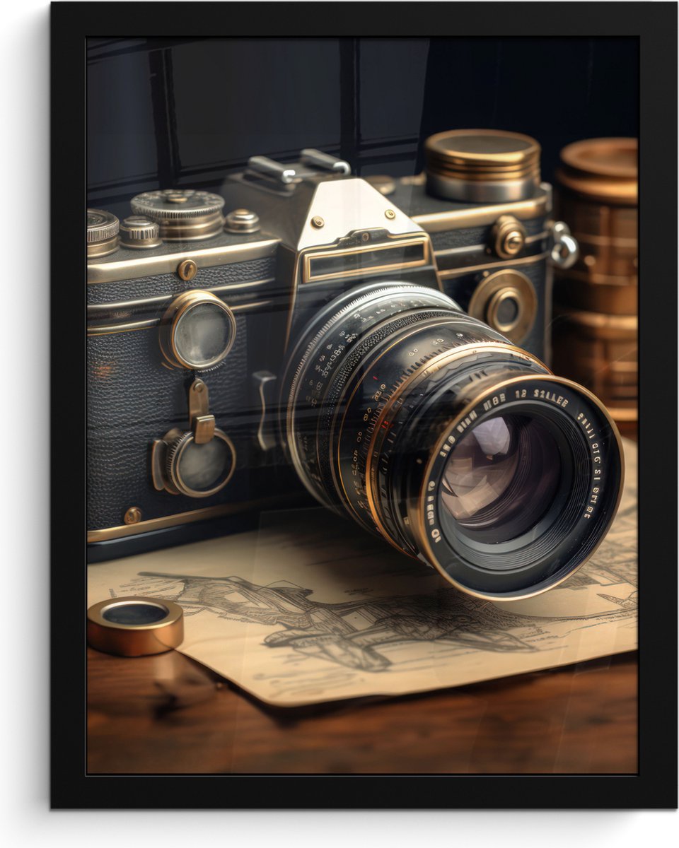 FrameYourWall Poster in lijst - Fotolijst 30x40 cm - Posters - Vintage - Fototoestel - Camera - Papier - Oud - Posterlijst zwart - Decoratie - Wanddecoratie woonkamer - Muurdecoratie slaapkamer