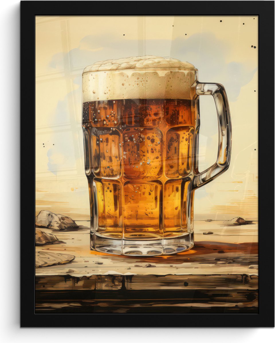 FrameYourWall Poster in lijst - Fotolijst 30x40 cm - Posters - Vintage - Bier - Pul - Hout - Tafel - Drinken - Posterlijst zwart - Decoratie - Wanddecoratie woonkamer - Muurdecoratie slaapkamer
