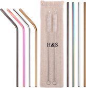 H&S 8 metalen rietjes, herbruikbare gekleurde roestvrijstalen rietjes, 2 reinigingsborstelreiniger voor smoothie warme dranken met zak regenboog