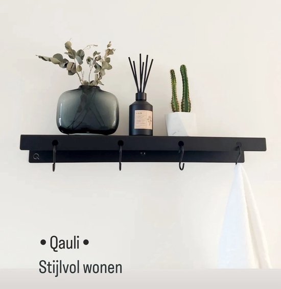 Qstiel Qauli zwart - Kapstok - Wandkapstok - Stevig - Modern design - Met plank - 60cm - 4 haken - Poedercoating str RAL 9005 zwart