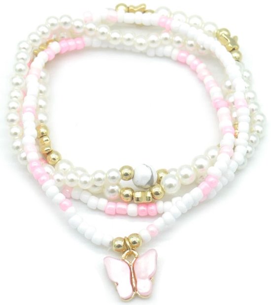 Bracelet de cheville - papillon - perles - rose - blanc - or - enfants - été - vacances