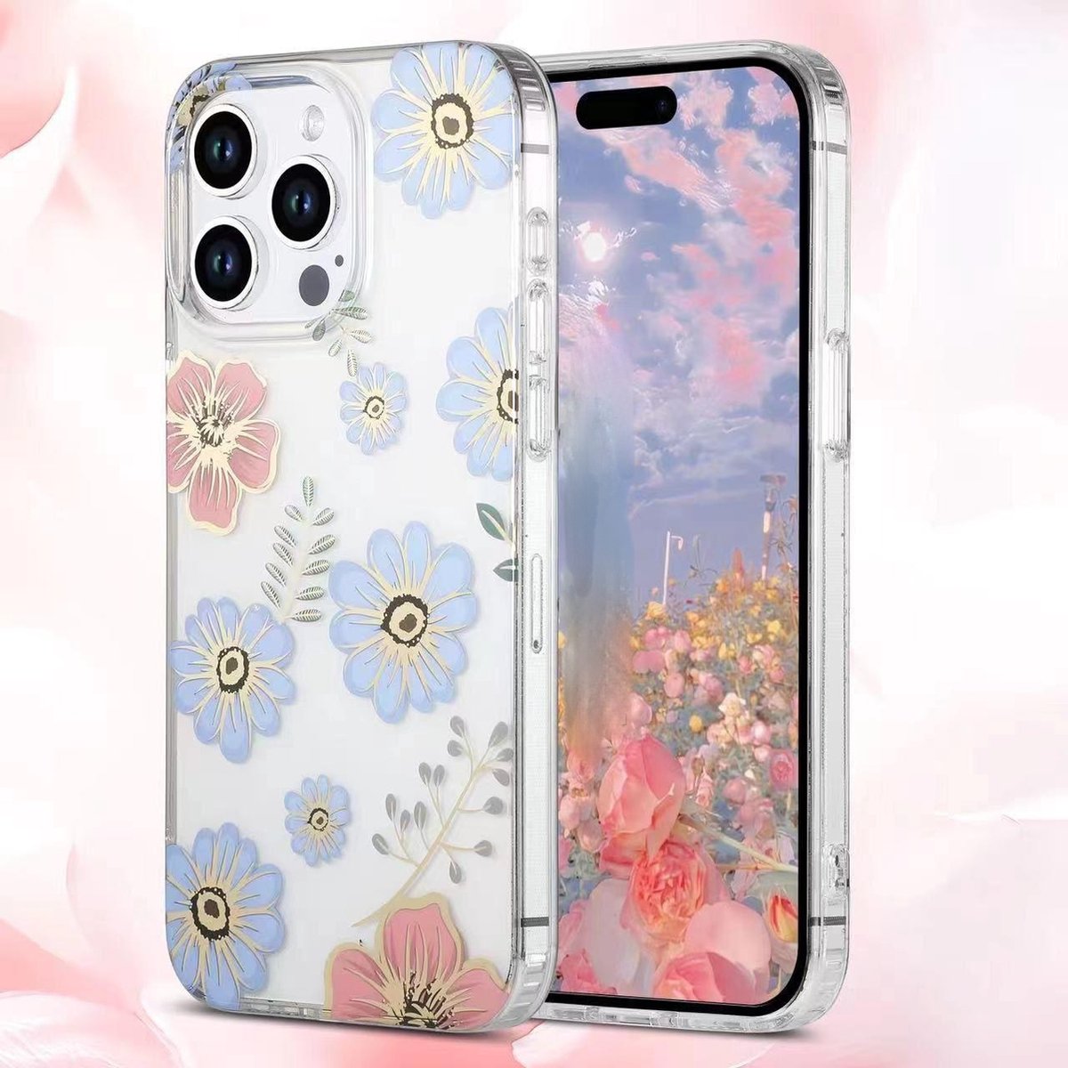 Sino Tech – iPhone 15 Pro – Backcover hoesje – Transparant – Bloemen - Bloemen Blauw Paars