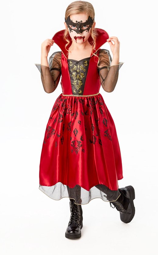 Rubies - Vampier & Dracula Kostuum - Vampier Kostuum Meisje - Rood, Geel, Zwart - Maat 104 - Halloween - Verkleedkleding