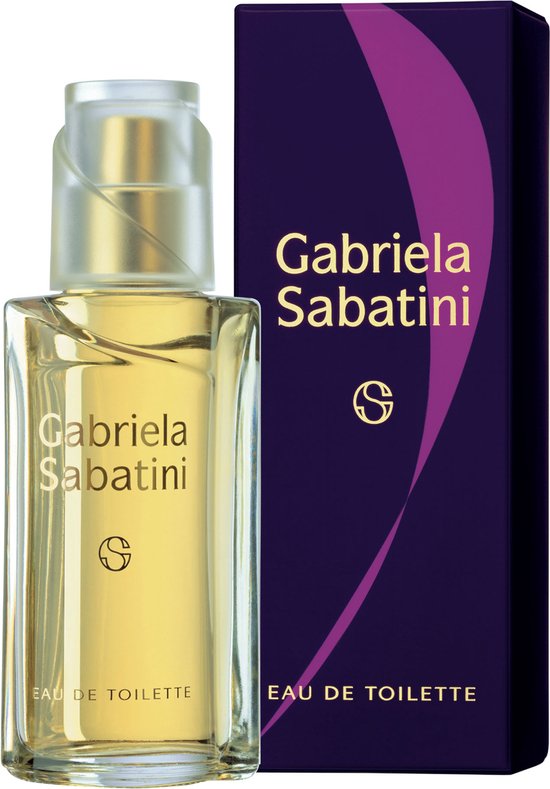 Gabriela Sabatini Eau de Toilette, 60 ml. Glazen fles met gouden dop, naast de zwarte verpakking met paarse curve.