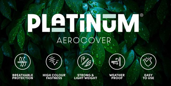 Logo PLATINUM AeroCover met icoontjes voor ademend, kleurecht, sterk, weerbestendig en makkelijk in gebruik.
