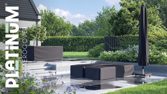 Grijze hoezen over tuinmeubelen op een terras: loungebank, kussens, parasol. Met logo.