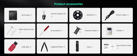Accessoires voor 3D-printer: 3D-printer, spuitmondkit, PLA-filament, stroomkabel, gereedschap, rolhouder, lijm en handleiding.