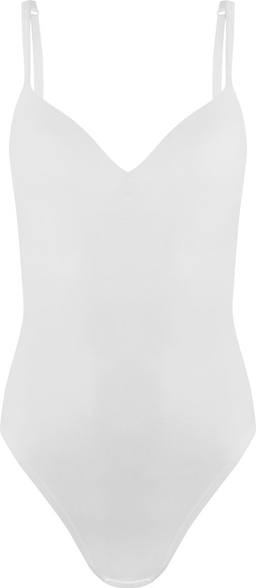 Witte string body met verstelbare bandjes en V-hals, op witte achtergrond.