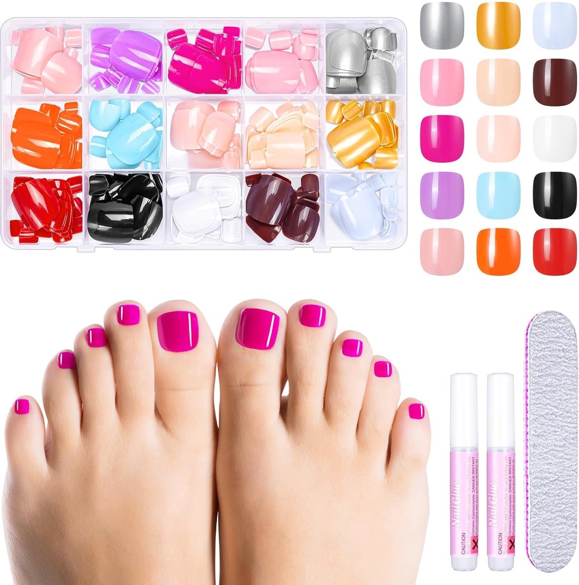 Goedkoopste 360 stuks valse teennagels, 12 kleuren, acryl, volledige cover, teennagels, tips, kit met lijm, 12 maten