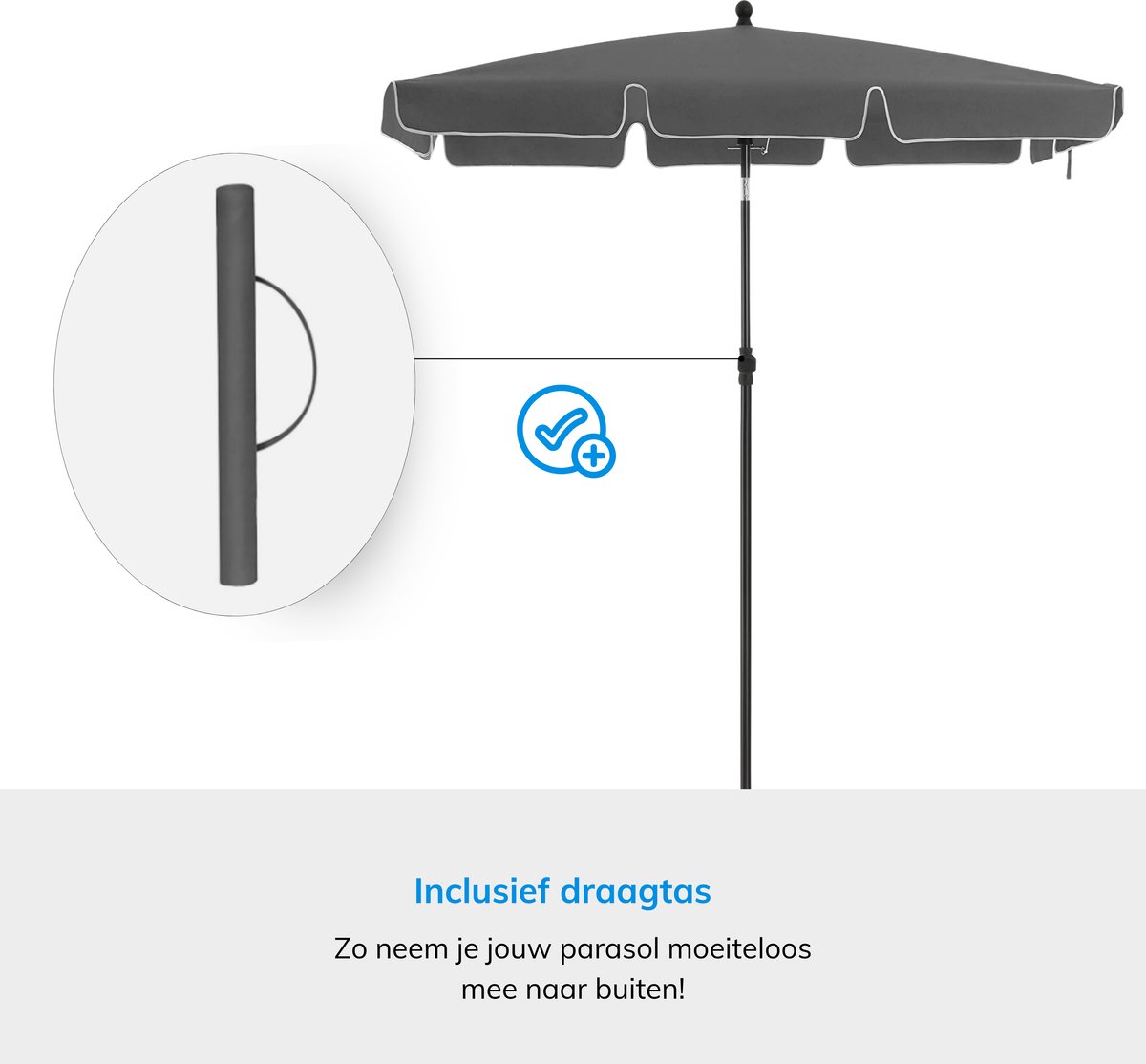 ACAZA Parasol - Strandparasol - Grijs - 200 x 125 cm (L x B) - inclusief Draagtas - Rechthoekig - Tuinparasol - Kantelbaar - Waterdicht - Terras Parasol voor Appartement - Parasol Strand – foto 2