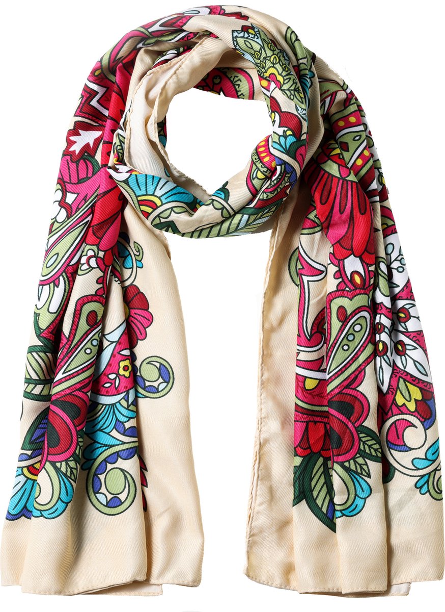 Nouka Beige & Rode Multicolor Dames Sjaal – Zijde Gevoel - Abstracte Bloemenprint - Dunne & Lichte Sjaal - Luchtige Shawl – Lente / Zomer – 90 x 180 cm