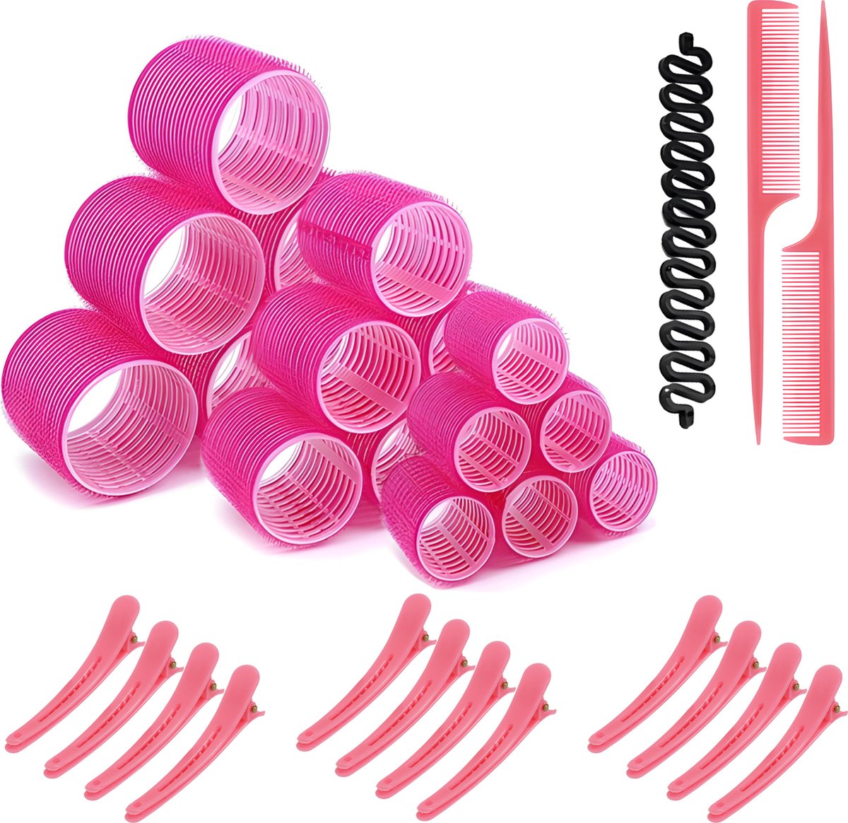 Krulspelden Rollers – 3 Maten – Heatless Curls – Haarrollers – Haarkruller – Kleefrollers – Set van 33 Stuks - Incl 2 Kammen en 12 Haarklemmen