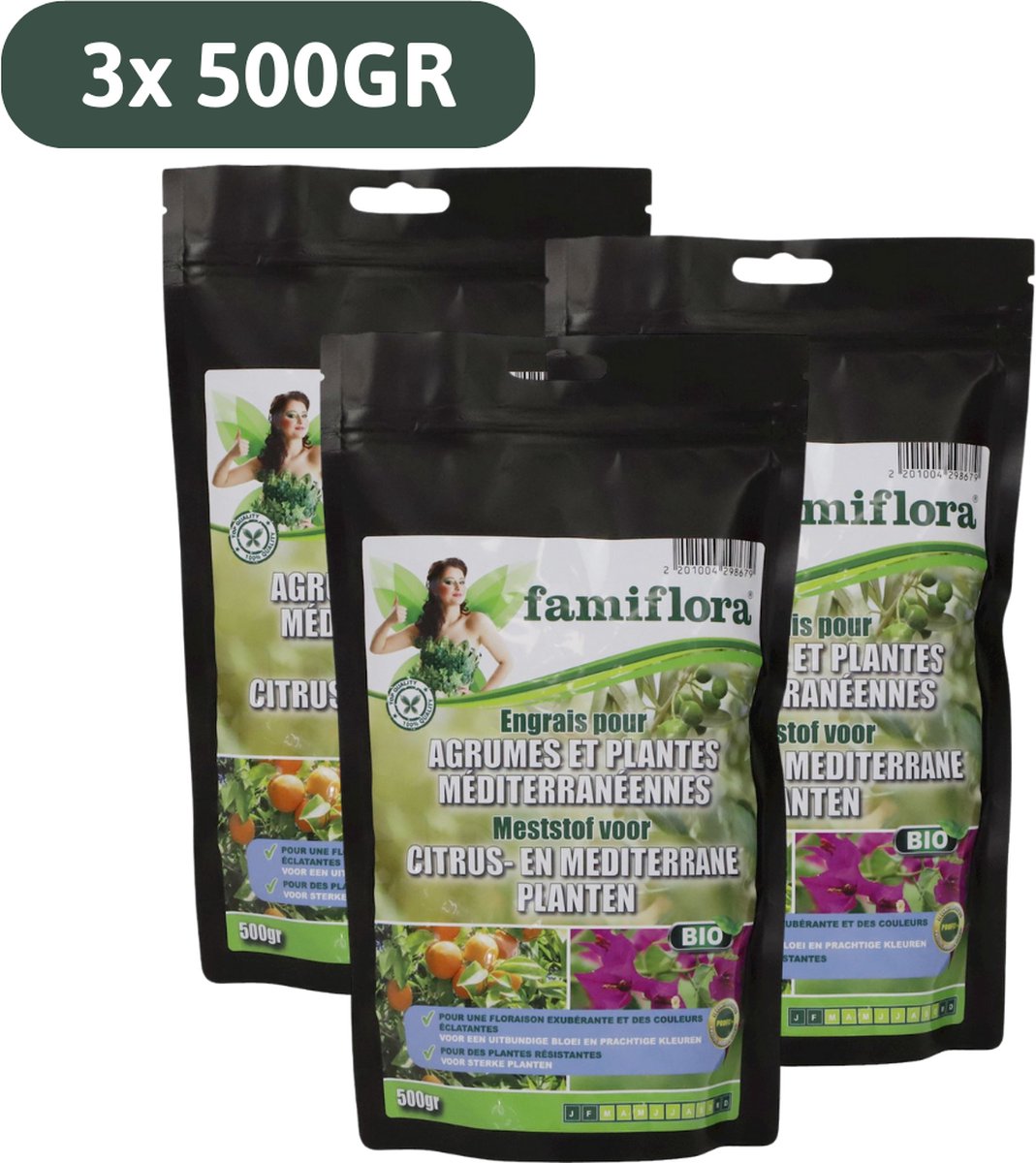 Famiflora meststof voor citrus en mediterrane planten - 1.5KG voor 15m² - Voor uitbundige bloei en prachtige kleuren bij sterke planten - Voordeelverpakking 3x 500gr