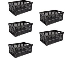 Set van 5 Vouwkratten 32 Liter - Slimme Stapelbare Opbergoplossing voor Garage - Zwart Plastic - Handgrepen - Kamperen & Outdoor, Huishouden, Klussen - 48x35x24cm - Multifuntioneel