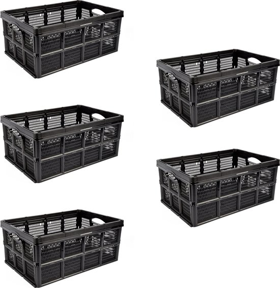 Set van 5 Vouwkratten 32 Liter - Slimme Stapelbare Opbergoplossing voor Garage - Zwart Plastic - Handgrepen - Kamperen & Outdoor, Huishouden, Klussen - 48x35x24cm - Multifuntioneel