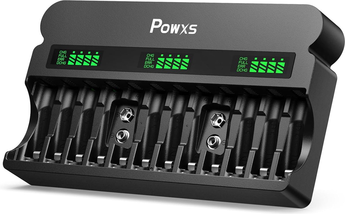 POWXS Universele Batterijlader voor Oplaadbare 1.2V Ni-MH/ NI-CD AA AAA & 9 Volt Lithium Batterijen - Batterij oplader met LCD Scherm voor Oplaadbare batterijen