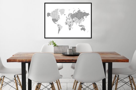 Affiche avec cadre Wereldkaart - Lettres - Grijs - 80x60 cm