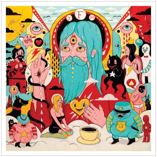 Albumcover met een portret van Father John Misty met een drievoudig oog, een blauwe baard en de tekst 'F J M' boven zijn hoofd. Omringd door veelkleurige, surrealistische figuren.