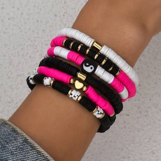 6 stuks armbanden polymeerkralen roze zwart wit