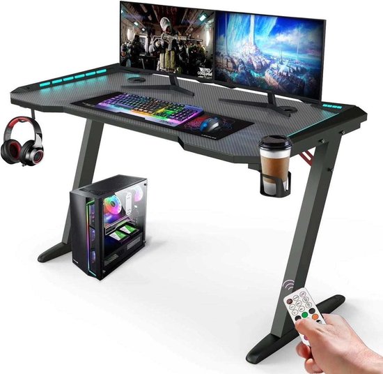 Unidesk Game Bureau - 140x60x73 CM - Gaming desk met LED verlichting - Computer Tafel - Zwart