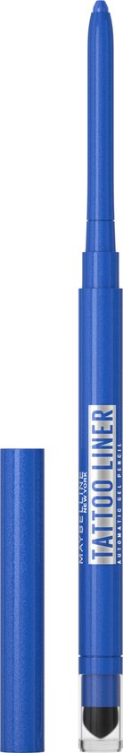 Maybelline Tattoo Liner automatische oogpotlood, fel blauw met dop ernaast.