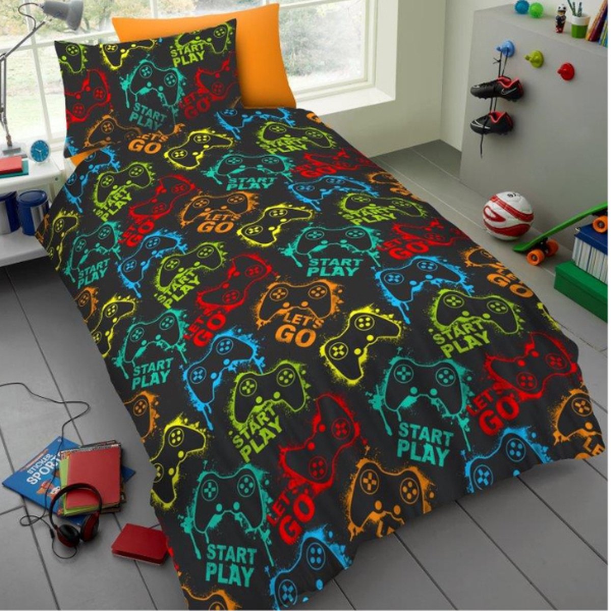 Gamer Dekbedovertrek - Gaming start play let's go - eenpersoons - dekbed - geschikt voor 140 x 200 cm.
