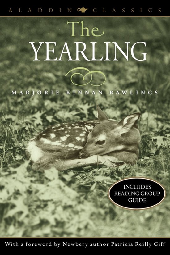 Boek "The Yearling" van Marjorie Kinnan Rawlings, met een slapend hertje op de voorkant.