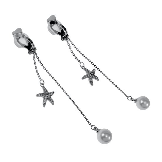 Boucles d'oreilles Clip Femme - Plaqué Rhodium - Clips oreilles Coeur avec Perle Coquillage et Etoile de Mer