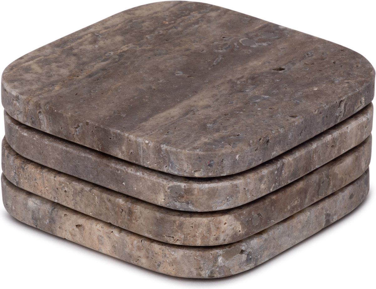 Mooisa Titanium Travertine Onderzetters - organisch - set van 4 stuks - 10x10x1 cm