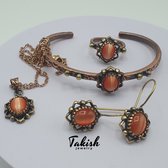 Sieraden geschenksets Handgemaakte Zuiver Koper Kattenoog Edelsteen, Vintage Oranje Ketting Armband Oorbellen Ring, Elegant Cadeau, Vakmanschap Stijl, Uniek Ontwerp