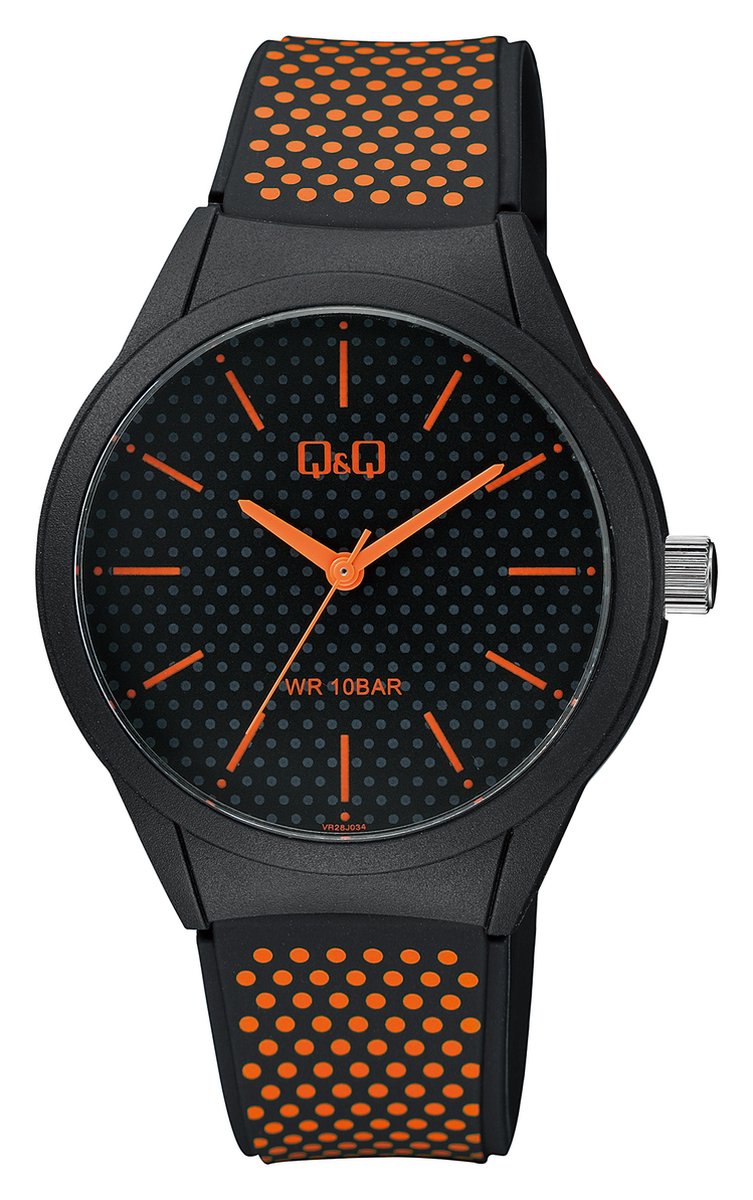 QQ VR28J034Y - Horloge - Sport - Analoog - Unisex - Plastic band - Rond - Streepjes - Kunststof - Zwart - Oranje - 10 ATM