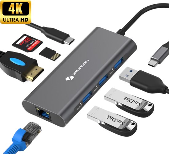 Siltcon® 8 in 1 USB C Hub – Docking Station Laptop - USB Splitter - USB C Naar HDMI – USB 3.0*3 - HDMI 4K 30Hz - RJ45 Gigabit - SD/TF - Universeel - Premium Kwaliteit - Spacegrey