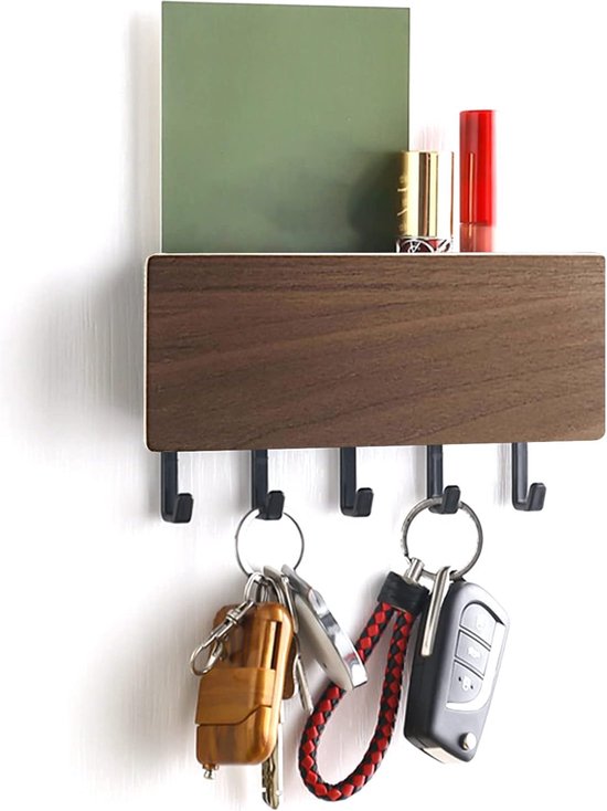 Wand gemonteerde sleutelhouder met 5 haken - Houten sleutelrek voor entree, hal en keuken