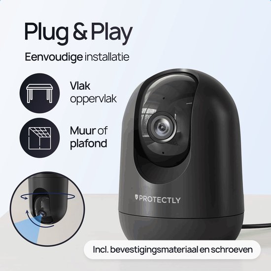Caméra de sécurité intérieure Protectly® - Caméra pour animaux de compagnie avec application - Petcam - Caméra pour chien - Avec application WiFi - 2K 3MP Ultra HD - Détection de mouvement et de son - Caméra intérieure - Zwart