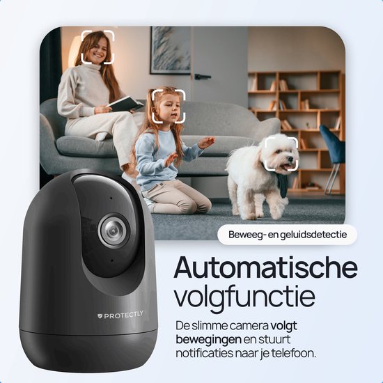 Caméra de sécurité intérieure Protectly® - Caméra pour animaux de compagnie avec application - Petcam - Caméra pour chien - Avec application WiFi - 2K 3MP Ultra HD - Détection de mouvement et de son - Caméra intérieure - Zwart