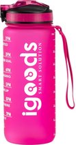 IGOODS Waterfles - Drinkfles met Tijdmarkeringen - Motiverende Drinkfles - 600ML - BPA vrij - Lekproef - Donkerroze