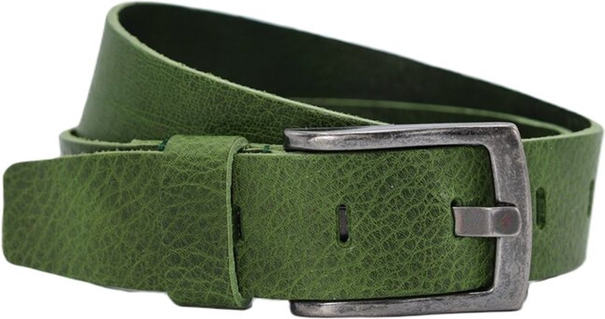 4CM BREDE STOERE GROENE RIEM. ECHT LEER AFGEWERKT MET EEN ZWARTE VIERKANTE GESP. MAAT 115