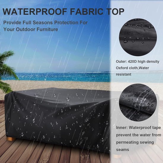 Kovshuiwe Grote tuinmeubelhoezen, 250 x 150 x 90 cm terrasmeubelhoes waterdicht, terrastafelhoezen 420D zwaar belastbare Oxford-stof, rotan meubelhoes, winddicht, anti-UV (zwart
