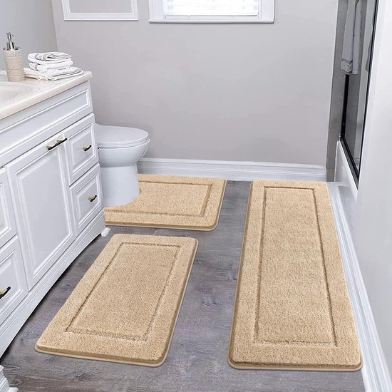 Ensemble de 3 tapis de bain antidérapants en microfibre à poils longs, lavables en machine, avec tapis de toilette, tapis de douche doux et absorbant pour salle de bain, beige