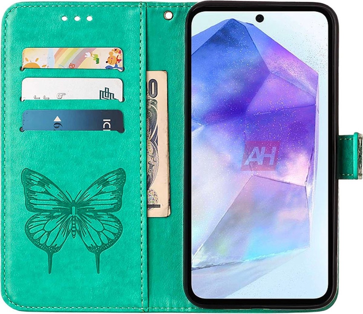 Mobigear Telefoonhoesje geschikt voor Samsung Galaxy A55 Hoesje | Mobigear Butterfly Bookcase Portemonnee | Pasjeshouder voor 3 Pasjes | Telefoonhoesje voor Pinpas / OV Kaart / Rijbewijs - Groen