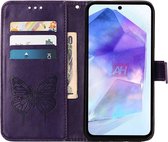 Mobigear Telefoonhoesje geschikt voor Samsung Galaxy A55 Hoesje | Mobigear Butterfly Bookcase Portemonnee | Pasjeshouder voor 3 Pasjes | Telefoonhoesje voor Pinpas / OV Kaart / Rijbewijs - Paars